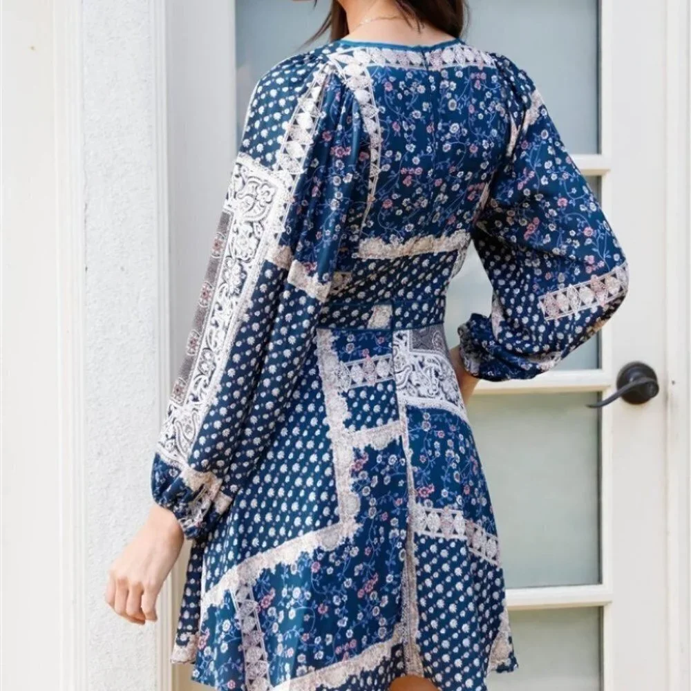 Paisley Print Balloon Long Sleeve Mini Dress blue